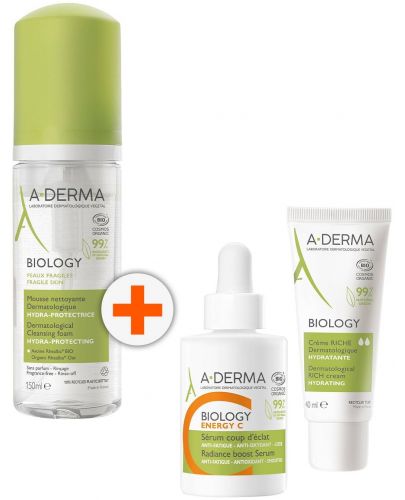 A-Derma Biology Комплект - Почистваща пяна, Серум и Крем, 150 + 30 + 40 ml - 1